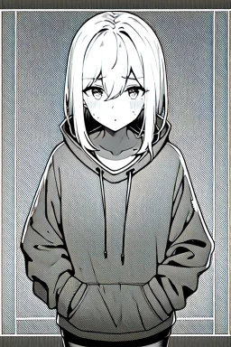 thoughtful girl in a loose sweatshirt, line arts, greyscale,