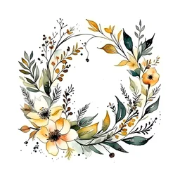 Minimal watercolor flower wreath with botanical details inwhite background. The wreath has black ink details and watercolor splashes.