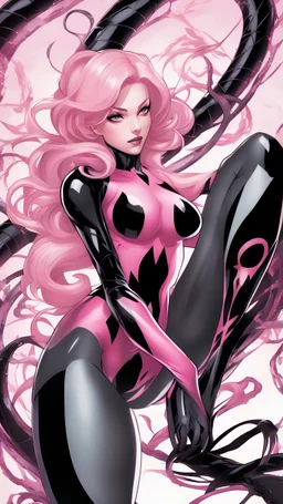 A close picture to Mix between gwenpool and symbiote, symbiote venom in background, pink and black custom, intricate details, highly detailedin in solo leveling shadow art style