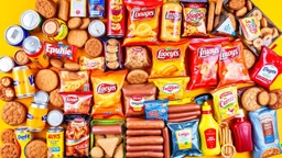 An image with the theme of orange, yellow, and bright red colors, filled with all kinds of drink cans, cakes, cookies, pasta packages, chips packages, puffs, sausages, sausages, mayonnaise, and ketchup arranged side by side in the middle of the picture.