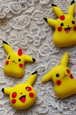 cute and nice faced marzipan Pikachu on a lace blanket on a kitchen table