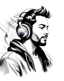 Illustration sketch of man in music with headphone