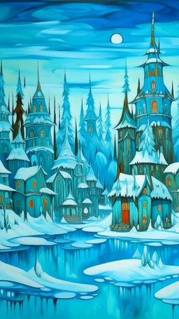 A cyan village with a castle covered in ice and snow designed in pacific Northwest totem poles painted by Paul Gauguin