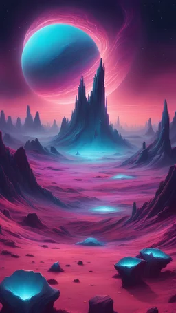 The image depicts an alien planet's landscape from a far perspective, showcasing towering crystalline structures jutting out from the vibrant purple and teal-hued terrain. The foreground is dominated by strange, bioluminescent flora, casting an otherworldly glow across the scene. The sky above is a swirling mix of pink and orange hues, with distant mountains silhouetted against the horizon. The composition is dynamic, with a sense of vastness and mystery conveyed through the use of a low, wide-a