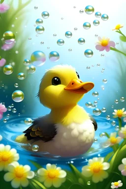 An image of a duck playing with bubbles in a field of cherry blossom flowers, anime realism, cute baby duck, highly detailed