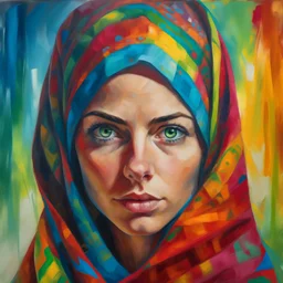 A portrait of a young woman wearing colourful head covering looking straight in camera painted in oils by expressionist painter