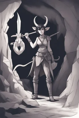 Dnd character with a tail and horns in a dark cave. A female Tiefling archeologist with very short hair and a tail an horns.