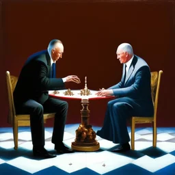 Putin, President Xi Of China And Joe Biden Play Chess between lights and shadow With A Pigeon,And Atomic Bomb Mushroom Cloud,Complex Surgical Instruments Intermixed With A Newborn Boy,Minimalism,Painting By Adrian Ghenie,Rene Magritte,Pablo Picasso,Michelangelo,Salvador Dali,Lucian Freud