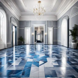 luxury hall ,tiled blue and gray large floor,