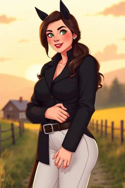 In a realistic, non-anime, vintage cartoon style: Bust shot of 35-year old, bit chubby Scandinavian dark-haired mansion owner lady with green eyes, wearing equestrian attire with tight white pants and black or blue jacket and a riding crop, posing standing in Bavarian countryside in sunrise.
