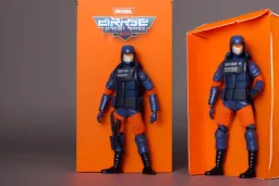 Toy store Mike Pence G.I. Joe action figure Doll Space force uniform inside blister packaging hanging on a Wallrack in toy store, fluorescent orange, wide angle shot whole body, black boots, fullsize