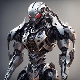 image features a highly detailed and advanced humanoid robot that appears to be inspired by a spiderlike character, given its distinctive cowl and spider-like features. It stands poised with a katana sword, showcasing a fusion of traditional warrior elements with futuristic, mechanized armor. The robot's design includes intricate mechanical parts and a sleek, read and titanium armored exterior, creating a striking contrast with a complex inner machinery. The setting seems to be a skyscraper or e