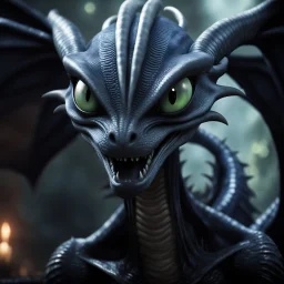 the alien xenomorph as a disney dragon like in "how to train your dragon" with big white eyes and a goofy look on its face