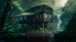 primitiv house by a big water falls in a karstic rain forest