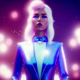 galactic girl, glitter blue and white suit with jewels, blond hair, blue eyes, cinematic lights, unreal engine 5, 4k, high details