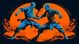 An image of two wushu fighters fighting in a black, orange, and blue color scheme.