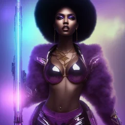 full body shot, masterpiece, best quality, family of three, black skinned, sparkling eyes, fluorescent skin,purple -dark makeup, gangsta , highly detailed body, afrofuturism, scifi, sun light, 4K, RAW, depth of field, high contrast, realistic details, 24mm