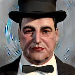 A portrait of a 1930s Italian-American businessman in his late 20s with a black bowler hat and a suit. He is obese