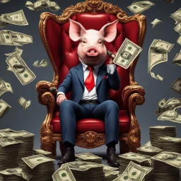 rich pig in suit on a throne making stacks of money by making a deal with a buisnessman. background of musicians