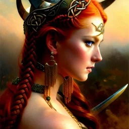 portrait 'beautiful Sexy busty Redhead Sif',Braids,horned helmet, celtic tattoed,painting by gaston bussiere, greg rutkowski, yoji shinkawa, yoshitaka amano, tsutomu nihei, donato giancola, tim hildebrandt, oil on canvas, cinematic composition, extreme detail,fit full head inside picture,32k