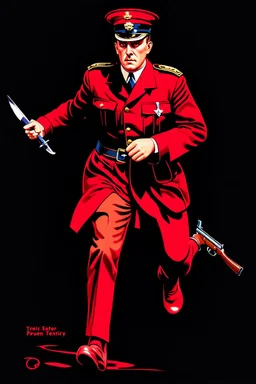 poster of a british soldier(uniform and face based on racist steriotypes) running towards viewer, a knife i one hand, and a gun(barrel pointing at viewer) in the other. retro poster monochrome with white background