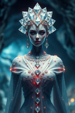 Gorgeous fair woman created from diamond, facing front, silk, diamonds, gems, sparkling dots, in crystal cave background, style Darek Zabrocki, magic realism, gradient colors, cinematic lighting, bokeh, Ultra-detailed Quality 3D, 3d render octane, Unreal engine 5 effects, VFX, Isometric, Made in blender, 8k sharp focus, cinematic, ultrahd, highly detailed, ultra photorealism fantasy