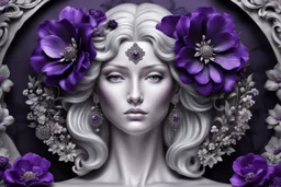 A silver-haired statuesque woman with black-purple silk flowers blooming around her head like a halo. She black to be carved from a block of marble, showcasing an intricate and flawless design. Her enchanting shiny gaze and the delicate flowers, plants decorations surrounding her make this piece a perfect representation of artistry , mystic fantasy and elegance.