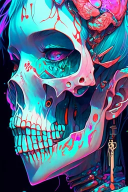 a close up of a person with a skull on their head, anime skull portrait woman, scary detailed art in color, hiroyuki-mitsume takahashi, nychos art aesthetic, half woman half skeleton, anime cyberpunk art, colored manga art, rossdraws pastel vibrant, cold colors. insanely detailed, beautiful anime portrait, stunning anime face portrait, scary art in color