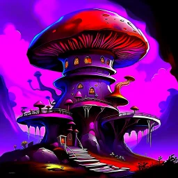 A fantabulous black, red, and purple (((mushroom tower house))) erected atop a (geologic pillar), surrounded by the uncanny imaginative ((( swirling skies))), offset by the stark hues of a (neon-tinged nebulous space scape), within. captured by the hand a skilled master painter with a focus on (softly blurred compositions and voluminous lighting).