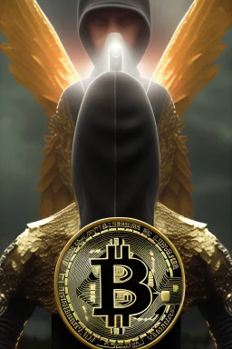 running berserker portrait , no face, black jogging suite , in the night Alps , holding bitcoin , angels background, volumetric gold light, high detail, dark leaf tree, dark mountains in background, perfect