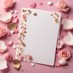 A photo of a white card, 5.5 by 4.25 inches. The card is vertically positioned on a beautiful light pink surface, positioned between pink rose petals and litte golden hearts.