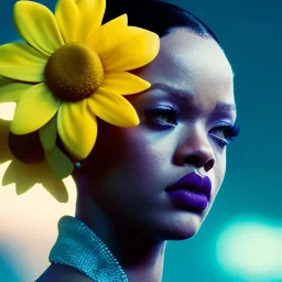 Rihanna as smurf with yellow flowers for hair,zoom eyes, closed eyes, rtx, reflection, 8k, glow, winning photography, caustics