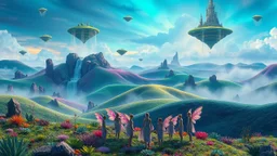 Mystical Hills with Floating Islands: Imagine a dreamy landscape with undulating hills of deep sapphire and emerald, dotted with vibrant alien plants and peculiar rock formations. Above the hills, floating islands drift lazily, each with cascading waterfalls of sparkling stardust. In the foreground, a group of ethereal beings, resembling a fusion of humans and mythical creatures, gather to commune with the flora, their translucent wings glowing softly against the backdrop of a multiple-hued sky