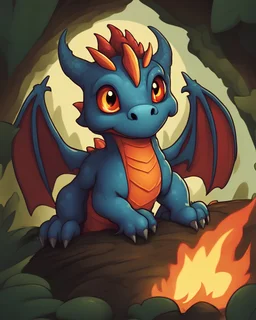cartoon illustration: a cute little fire dragon with big shiny eyes. The dragon has big wings.