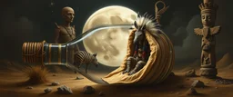 master oil painting by Rembrandt, clay moon chill hyper bigger than life close up on a zebra dream trickster golem peeking out of a sand twister whirlwind cocoon, all inside a bottle, and a big indian with mohawk and a totem