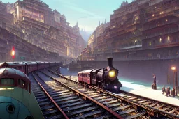 Train+Close up Train head+ corner metro station+Elevated Train pass+trains+corner building on sea+riomaggiore+corniglia+genoa street+Italian medieval town+sea+alphonse mucha, greg rutkowski,matte painting, cryengine, hyper detailed, felix kelly, fantasy art, seb mckinnon