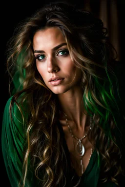 An amazing personal portrait of a Young attractive female, long messy hair, green emerald eyes, candid, intimate, dramatic light, mist dreamlike light, photorealism, ultra detail, 85mm lens, f 1. 2 --ar 6:9 --testp, soul, soulful portrait, spirit, personality, person, real smoke, smoky room, chest level silver chains, dramatic light, dreamlike light, Annie Leibovitz, Steve McCurry, Richard Avedon, Diane Arbus