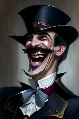 Strahd von Zarovich with a handlebar mustache wearing a top hat while laughing