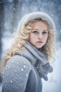 Lonely girl with big innocent eyes and curly blonde hair and snowflakes in her hair. Lots of big snowflakes. Snowy landscape, smooth, elegant, fantasy, intricate, hyperdetailed, very cute, surreal, magical, snowflakes, Nikon D850
