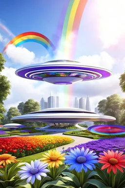 colors, very beautiful, ,flowers, garden,rainbows, cité futuriste ultra moderne, ufos, very beautiful over class