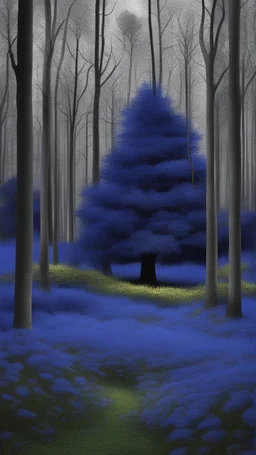 A dark blue trees in a wood with dark flowers on the ground , all picture items and backgrounds are dark blue