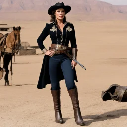 Rosanna schiaffino as a woman pistolero in the western "the man called noon", she stands in her santiag boots: she is the new sheriff in town