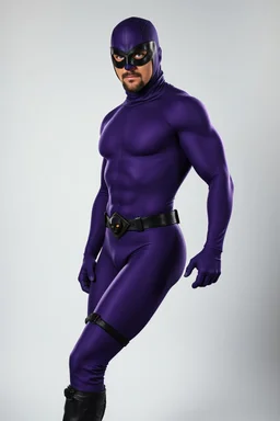 full-length, A portrait of a the Phantom, a man with piercing blue eyes, a chiseled jaw, goatee, timeless face, stern expression, Wearing a skintight formfitting purple cotton hero suit with a skintight cowl with a widows peak that fits tight to his head, but does not cover his face, he wears a thin, black leather, bandit eye disguise over his eyes, black and blue diagonally striped trunks, dual-holstered pistol belt adorned with a triangle skull-shaped buckle with leg straps, knee-high boots