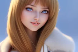 close-up portrait of beautiful young and cute 14 years old ukrainian girl, anime, adorable, au naturel, charming smile, shy, innocent, round face, detailed eyes, realistic shaded perfect face, leather jacket, centered perspective camera view, global illumination, 8k, uhd, art by sam curry