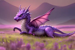 beautiful meadow covered with soft purple flowers, with a mysterious soft purple flower-covered dragon covered in flowers emitting magic and beauty and grace, and the sun setting in the background