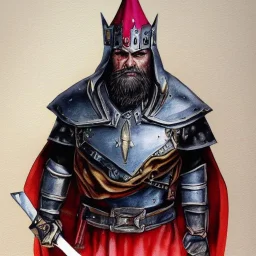 dungeons and dragons, fantasy, dwarf, dark priest, full plate armour, ironclad, dark metal, dark red glow, watercolour, large strokes, distinct face, portrait, head, crude crown