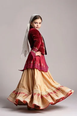 simple background, full body of very pretty little girl in azeri dance wearing A long underdress or shirt, often made of silk,A fitted, often velvet or brocade, jacket worn over the shirt.Wide, bell-shaped skirts are worn, often long and layered to create beautiful movements while dancing, with a long lace scarf at back of her head,in relax pose looking at camera