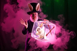 ai magic show presentation wow effect smoke bunnies awesome awesome yoga magician with scary hat on awake within a dream inside a circular saw blade Alice in wonderland and cards with crosses and bunny inside a big transparent dice all contained within a circle that has only green starry color on its background outside