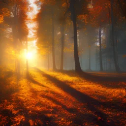 Осенне утро, лес, солнце, синее небо, фотографическая точность