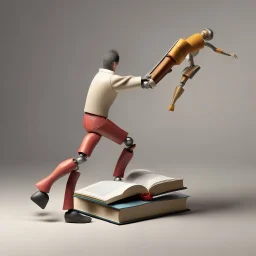 Book with arms and legs hitting a person with a book.